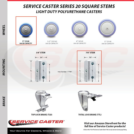 Service Caster 3 Inch Blue Polyurethane Wheel Swivel 7/8 Inch Square Stem Caster Set SCC SCC-SQ20S314-PPUB-BLUE-78-4